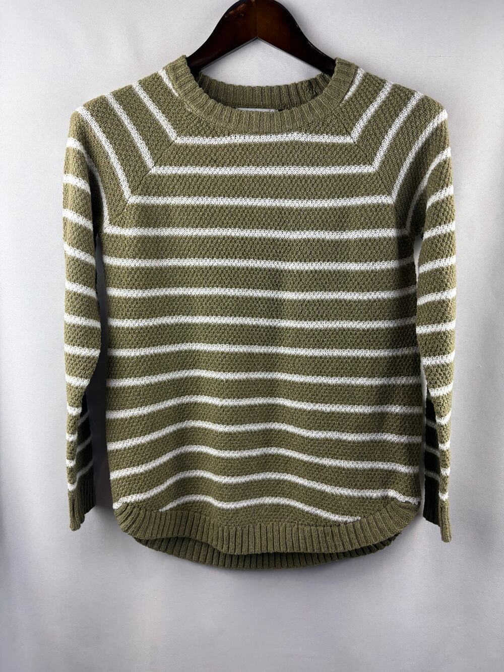 Womenβs Pink Clover Small Olive Green w/ White Stripes Sweater